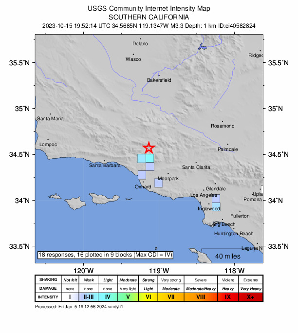 USGS DYFI community-reported intensity map for the M3.3 earthquake near 17 km NE of Ojai, CA