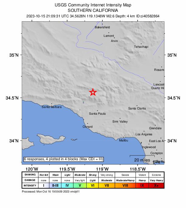 USGS DYFI community-reported intensity map for the M2.6 earthquake near 16 km NE of Ojai, CA