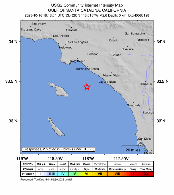 USGS DYFI community-reported intensity map for the M2.6 earthquake near 23 km SSW of Newport Beach, CA