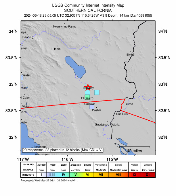 USGS DYFI community-reported intensity map for the M3.9 earthquake near 5 km SSW of Brawley, CA