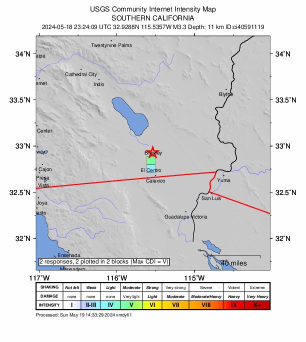 USGS DYFI community-reported intensity map for the M3.3 earthquake near 6 km S of Brawley, CA