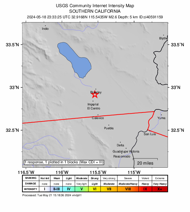 USGS DYFI community-reported intensity map for the M2.6 earthquake near 7 km S of Brawley, CA