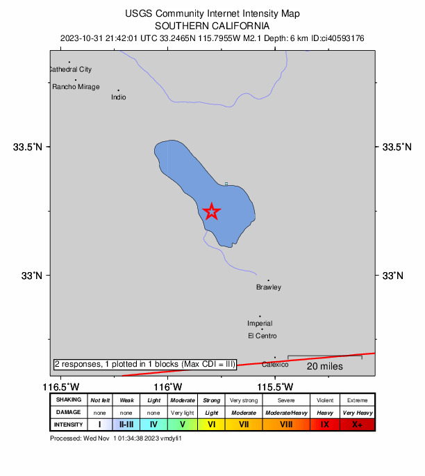 USGS DYFI community-reported intensity map for the M2.1 earthquake near 13 km SSW of Bombay Beach, CA