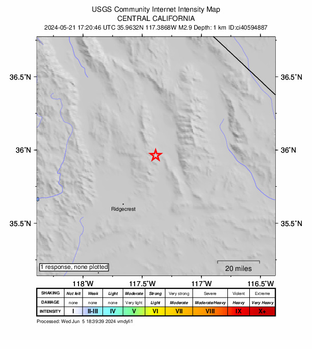 USGS DYFI community-reported intensity map for the M2.9 earthquake near 22 km N of Searles Valley, CA