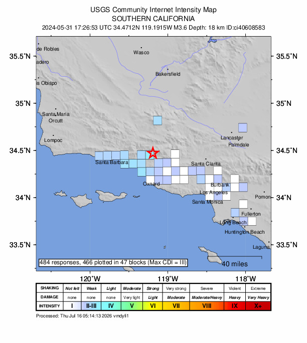 USGS DYFI community-reported intensity map for the M3.6 earthquake near 5 km ENE of Ojai, CA