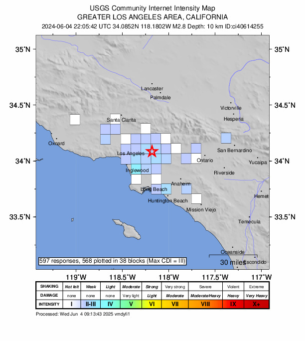 USGS DYFI community-reported intensity map for the M2.8 earthquake near 4 km SSE of Highland Park, CA