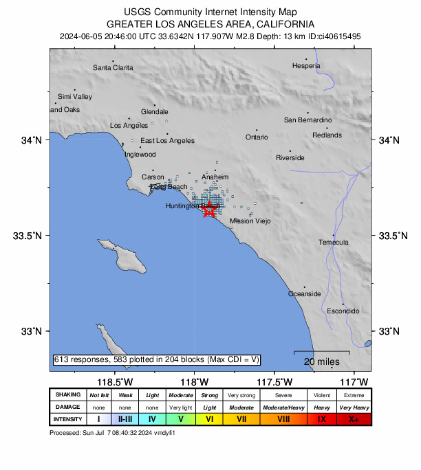 USGS DYFI community-reported intensity map for the M2.8 earthquake near 3 km NE of Newport Beach, CA