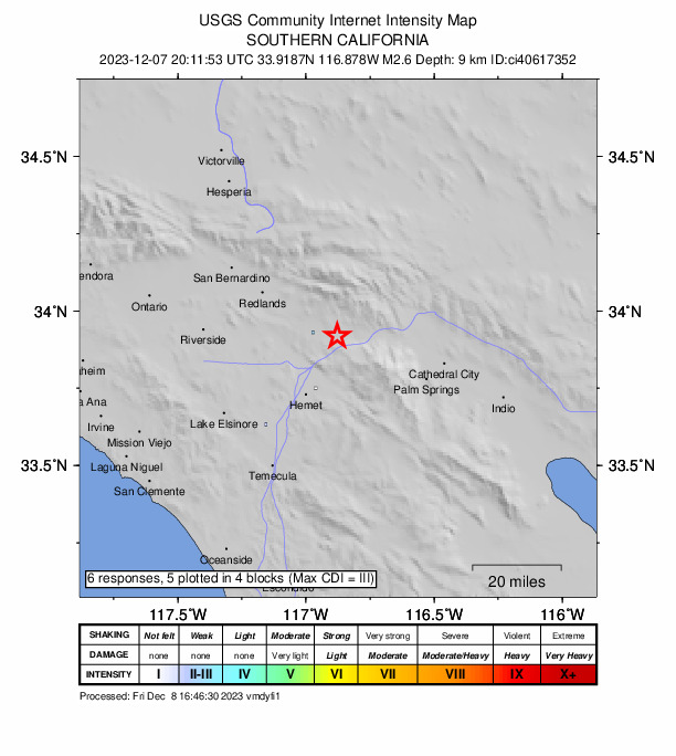 USGS DYFI community-reported intensity map for the M2.6 earthquake near 1 km S of Banning, CA