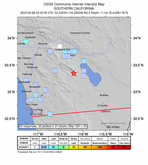 USGS DYFI community-reported intensity map for the M3.3 earthquake near 17 km SW of Oasis, CA