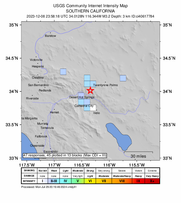 USGS DYFI community-reported intensity map for the M3.3 earthquake near 14 km SSW of Joshua Tree, CA