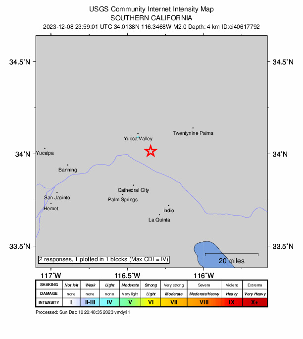 USGS DYFI community-reported intensity map for the M2.0 earthquake near 14 km SE of Yucca Valley, CA