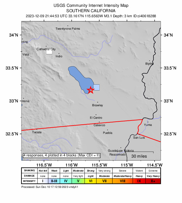 USGS DYFI community-reported intensity map for the M3.1 earthquake near 14 km WNW of Calipatria, CA