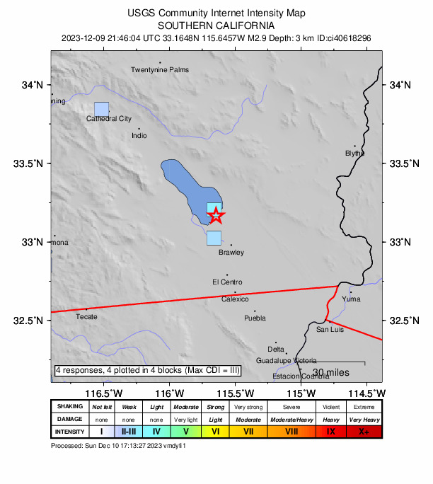 USGS DYFI community-reported intensity map for the M2.9 earthquake near 13 km WNW of Calipatria, CA
