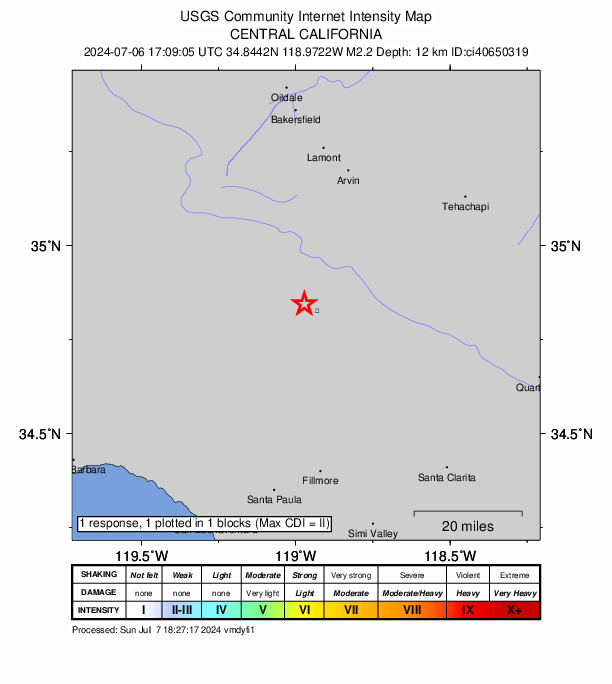 USGS DYFI community-reported intensity map for the M2.2 earthquake near 3 km NW of Frazier Park, CA