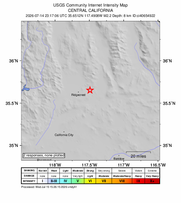 USGS DYFI community-reported intensity map for the M2.2 earthquake near 15 km SSW of Searles Valley, CA