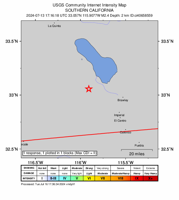 USGS DYFI community-reported intensity map for the M2.4 earthquake near 23 km ESE of Ocotillo Wells, CA