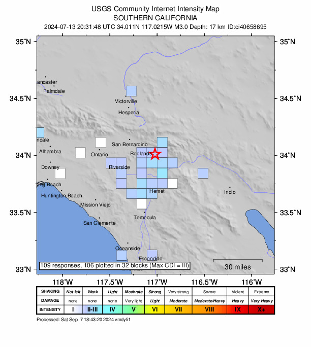 USGS DYFI community-reported intensity map for the M3.0 earthquake near 3 km SE of Yucaipa, CA