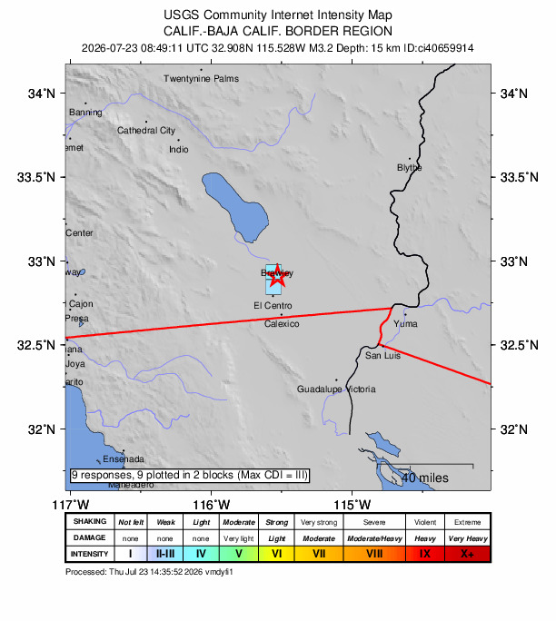 USGS DYFI community-reported intensity map for the M3.3 earthquake near 8 km NNE of Imperial, CA