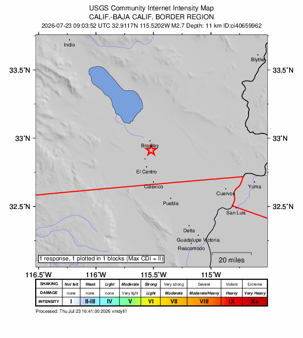 USGS DYFI community-reported intensity map for the M2.7 earthquake near 8 km S of Brawley, CA