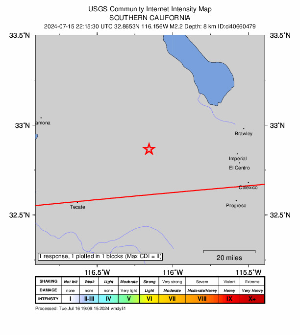 USGS DYFI community-reported intensity map for the M2.3 earthquake near 21 km NW of Ocotillo, CA