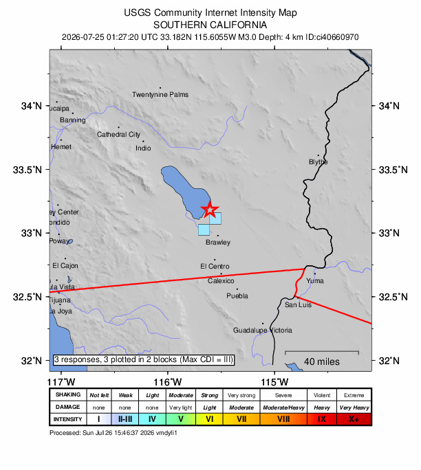 USGS DYFI community-reported intensity map for the M3.0 earthquake near 10 km SW of Niland, CA