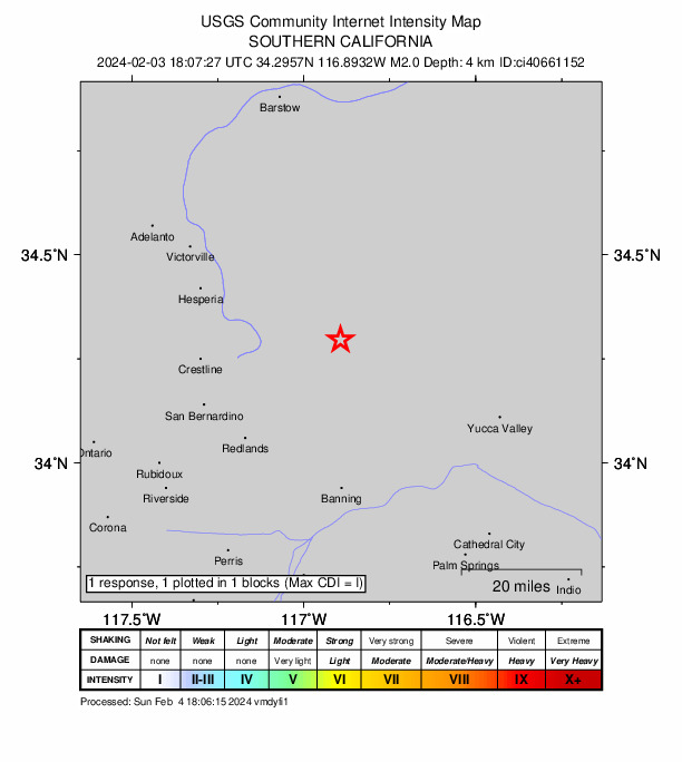 USGS DYFI community-reported intensity map for the M2.0 earthquake near 6 km NW of Big Bear City, CA