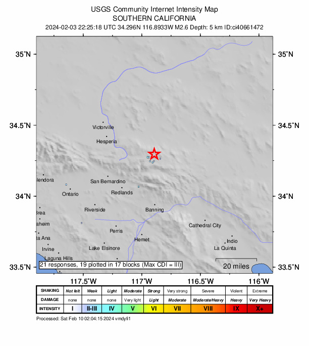 USGS DYFI community-reported intensity map for the M2.6 earthquake near 6 km NW of Big Bear City, CA
