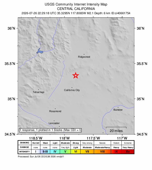 USGS DYFI community-reported intensity map for the M2.1 earthquake near 16 km WSW of Johannesburg, CA