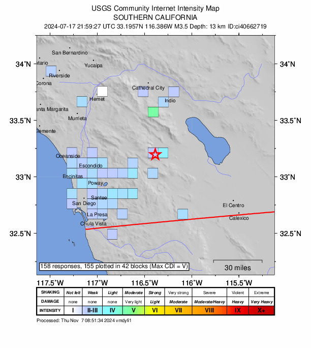 USGS DYFI community-reported intensity map for the M3.5 earthquake near 7 km S of Borrego Springs, CA
