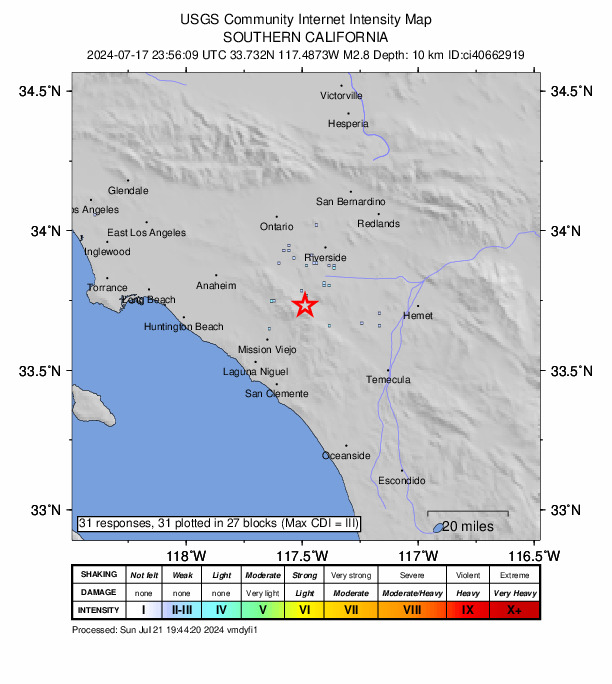 USGS DYFI community-reported intensity map for the M2.8 earthquake near 12 km NE of Trabuco Canyon, CA