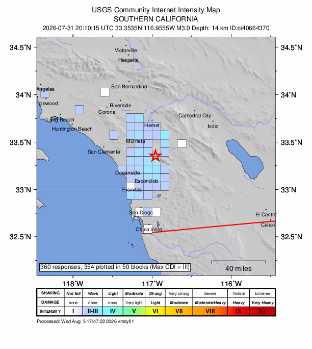 USGS DYFI community-reported intensity map for the M3.0 earthquake near 9 km W of Palomar Observatory, CA