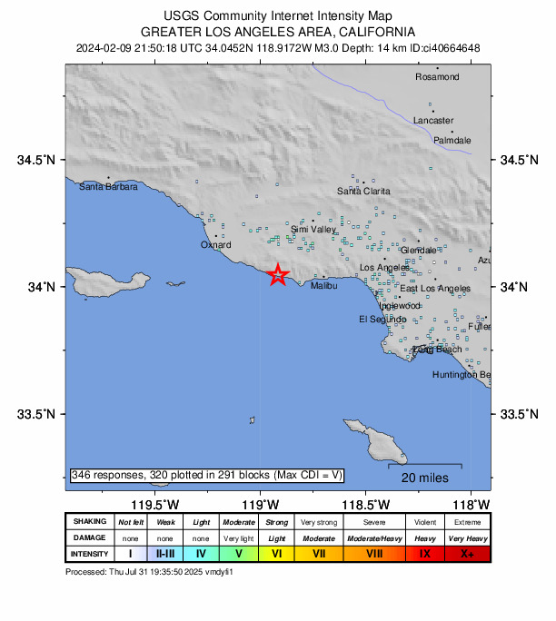 USGS DYFI community-reported intensity map for the M3.0 earthquake near 11 km WNW of Malibu, CA