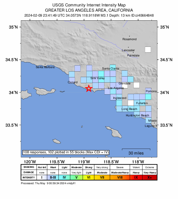 USGS DYFI community-reported intensity map for the M3.1 earthquake near 11 km WNW of Malibu, CA