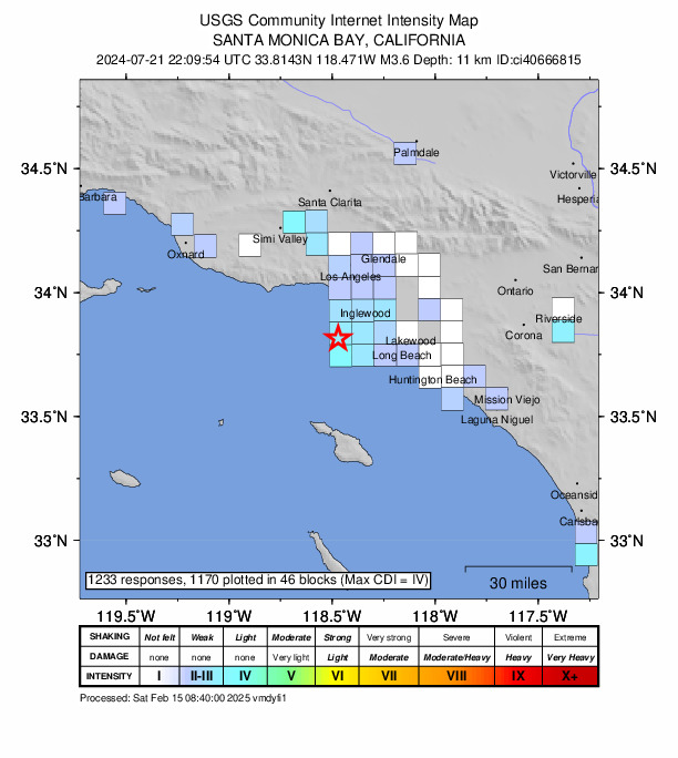 USGS DYFI community-reported intensity map for the M3.6 earthquake near 8 km WNW of Palos Verdes Estates, CA