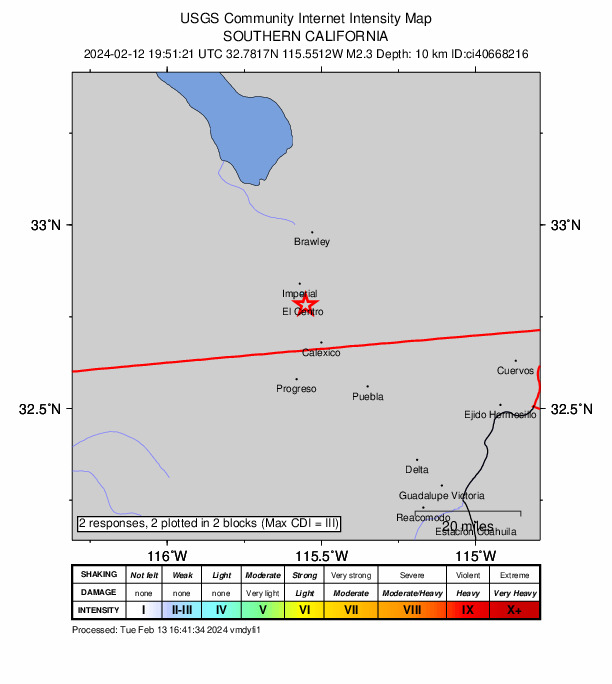 USGS DYFI community-reported intensity map for the M2.3 earthquake near 1 km SE of El Centro, CA