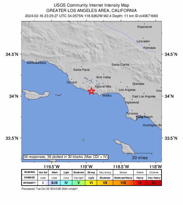 USGS DYFI community-reported intensity map for the M2.4 earthquake near 12 km WNW of Malibu, CA