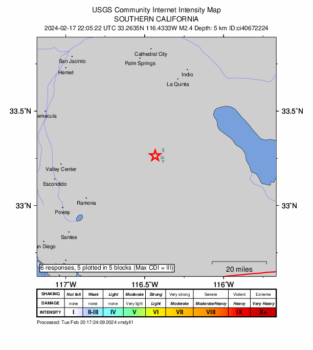 USGS DYFI community-reported intensity map for the M2.4 earthquake near 6 km W of Borrego Springs, CA