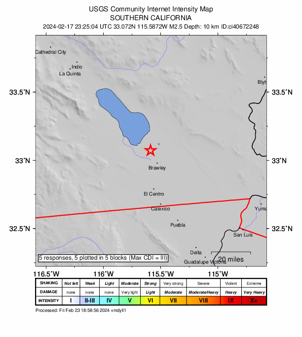 USGS DYFI community-reported intensity map for the M2.5 earthquake near 5 km NE of Westmorland, CA