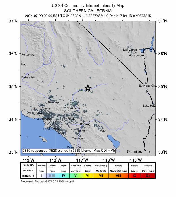 USGS DYFI community-reported intensity map for the M4.9 earthquake near 22 km ENE of Barstow, CA