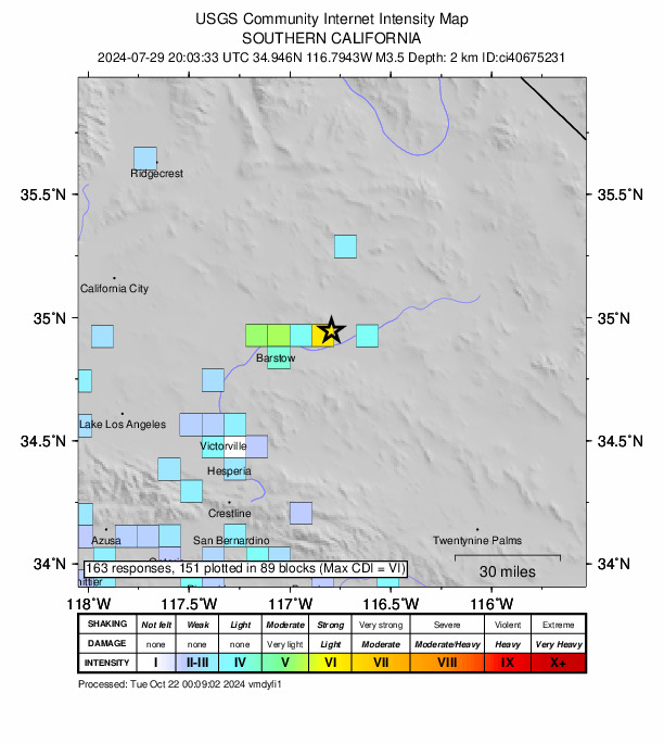 USGS DYFI community-reported intensity map for the M3.5 earthquake near 22 km ENE of Barstow, CA