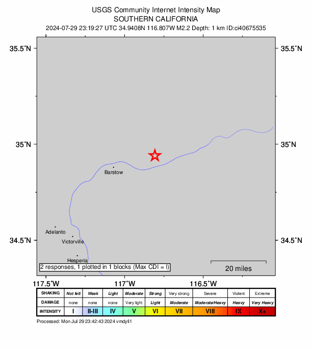 USGS DYFI community-reported intensity map for the M2.2 earthquake near 20 km ENE of Barstow, CA