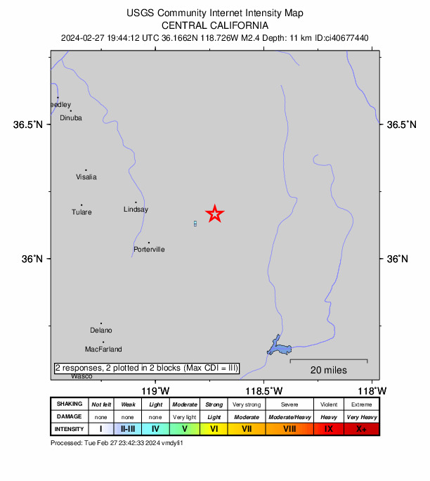 USGS DYFI community-reported intensity map for the M2.4 earthquake near 28 km ENE of Porterville, CA