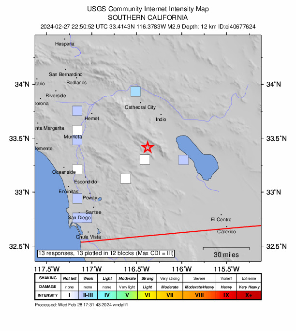 USGS DYFI community-reported intensity map for the M2.9 earthquake near 18 km N of Borrego Springs, CA