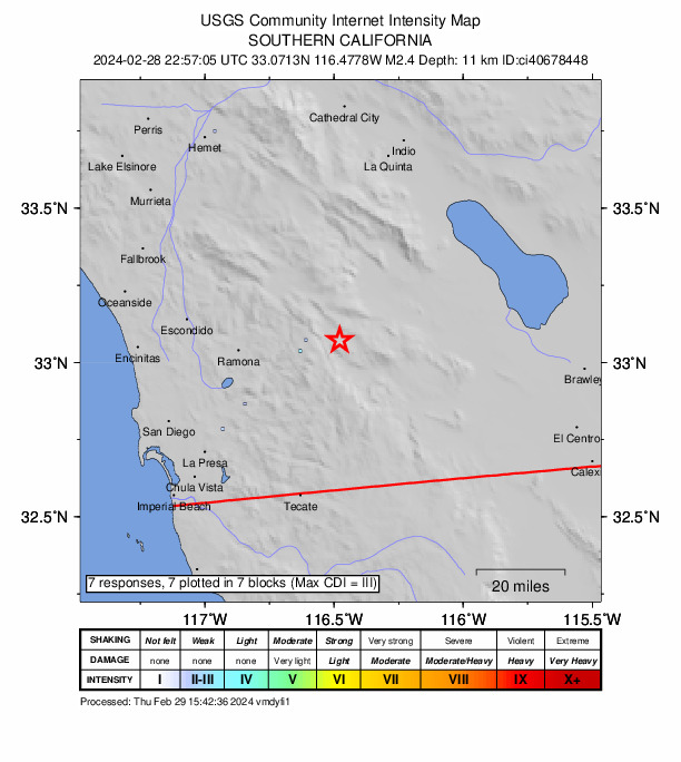 USGS DYFI community-reported intensity map for the M2.4 earthquake near 12 km E of Julian, CA