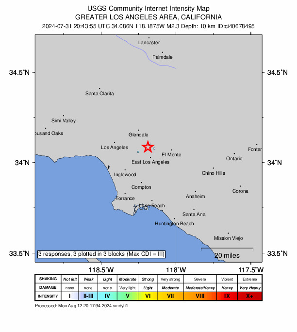 USGS DYFI community-reported intensity map for the M2.3 earthquake near 4 km SSE of Highland Park, CA