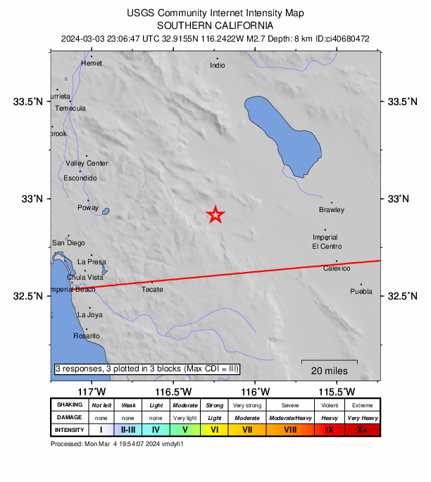 USGS DYFI community-reported intensity map for the M2.7 earthquake near 27 km SSW of Ocotillo Wells, CA