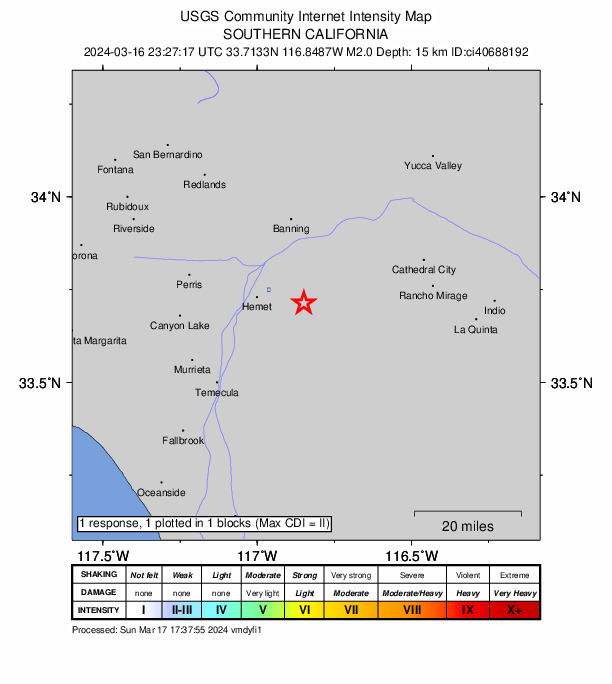 USGS DYFI community-reported intensity map for the M2.0 earthquake near 6 km SE of Valle Vista, CA