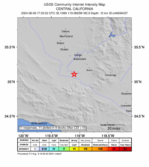 USGS DYFI community-reported intensity map for the M2.9 earthquake near 24 km NW of Grapevine, CA