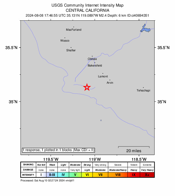 USGS DYFI community-reported intensity map for the M2.4 earthquake near 22 km SW of Lamont, CA