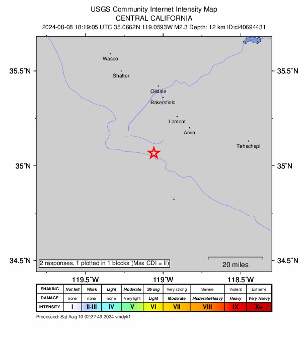 USGS DYFI community-reported intensity map for the M2.4 earthquake near 17 km NW of Grapevine, CA